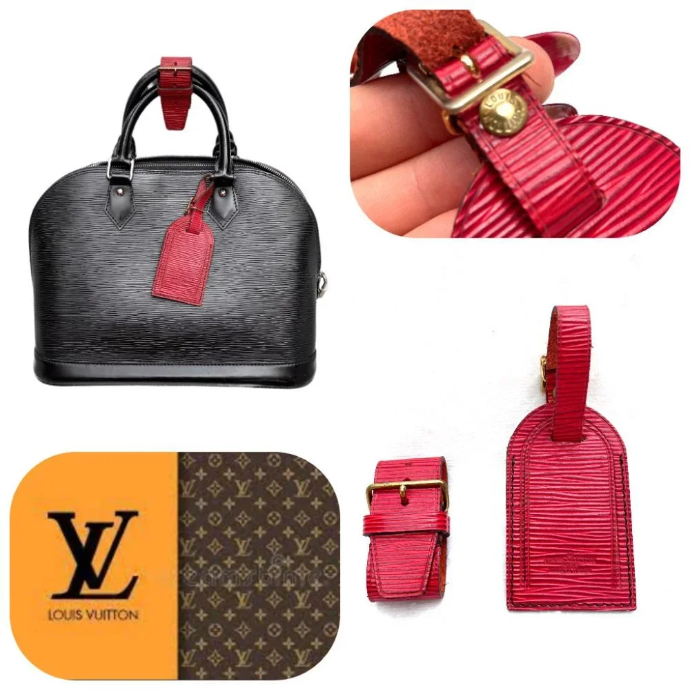 Rare Louis Vuitton red Epi leather luggage tag and poignet set